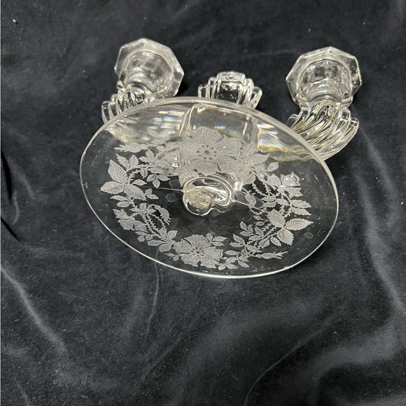 Lovely Vintage Tiffin Glass Double Light Candle Holder. Etched Flowers on base. - Picture 4 of 9